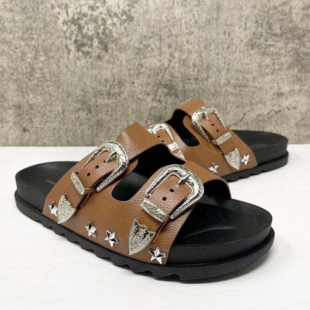 French Connection slides, brown & black western style buckle sandals, size 9